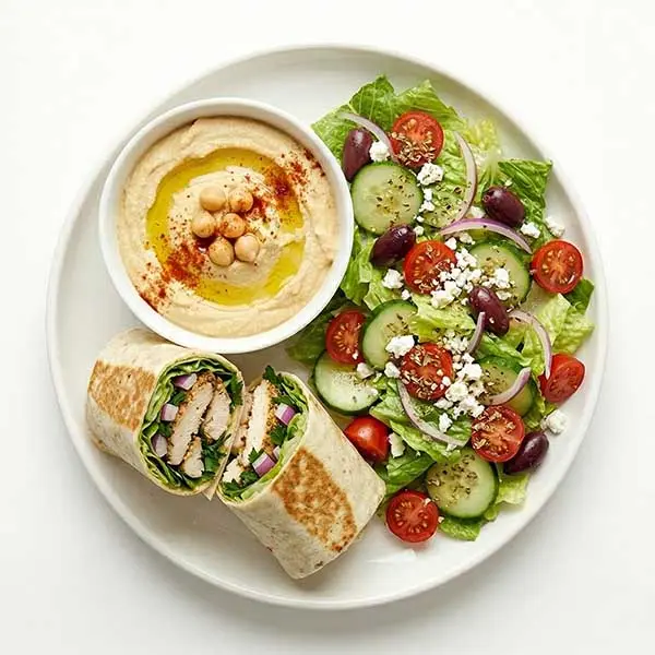 Mediterranean Chicken Wrap with Hummus & Greek Salad